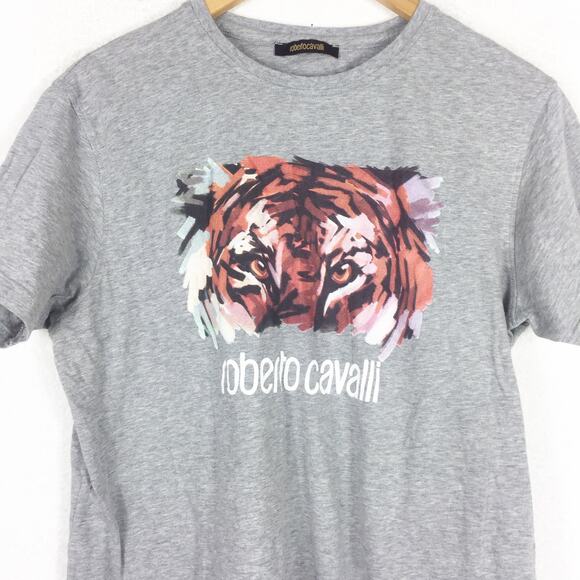 Roberto Cavalli Grey Tiger Short Sleeve Tee XL Cotton Graphic Animal Print - Picture 7 of 11